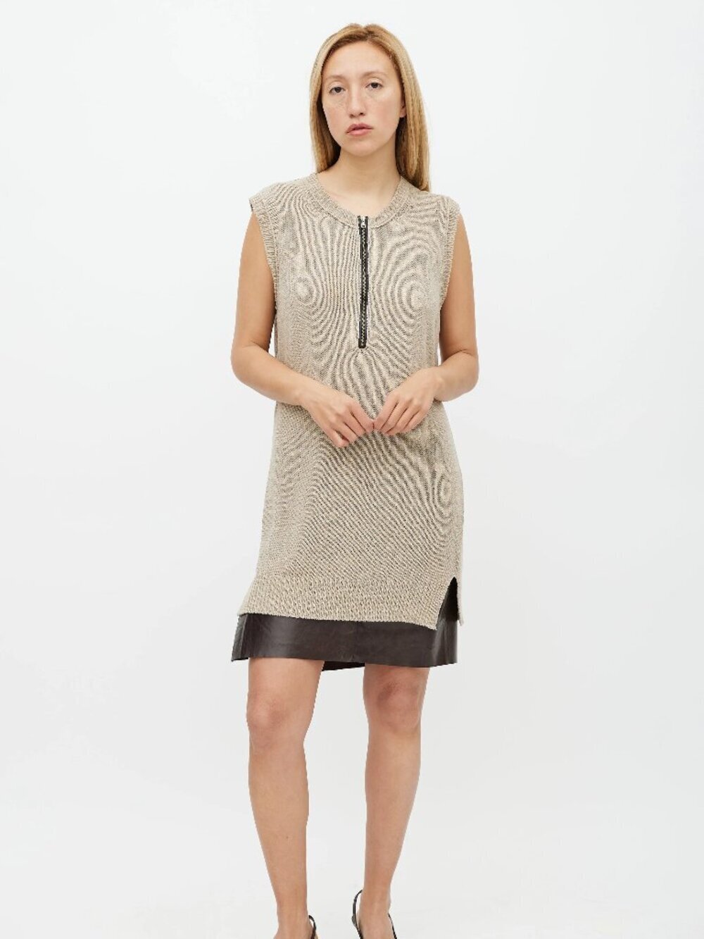 Phoebe Philo CELINE Beige Linen Blend Knit Long Front Zip Tunic Sweater, Size M